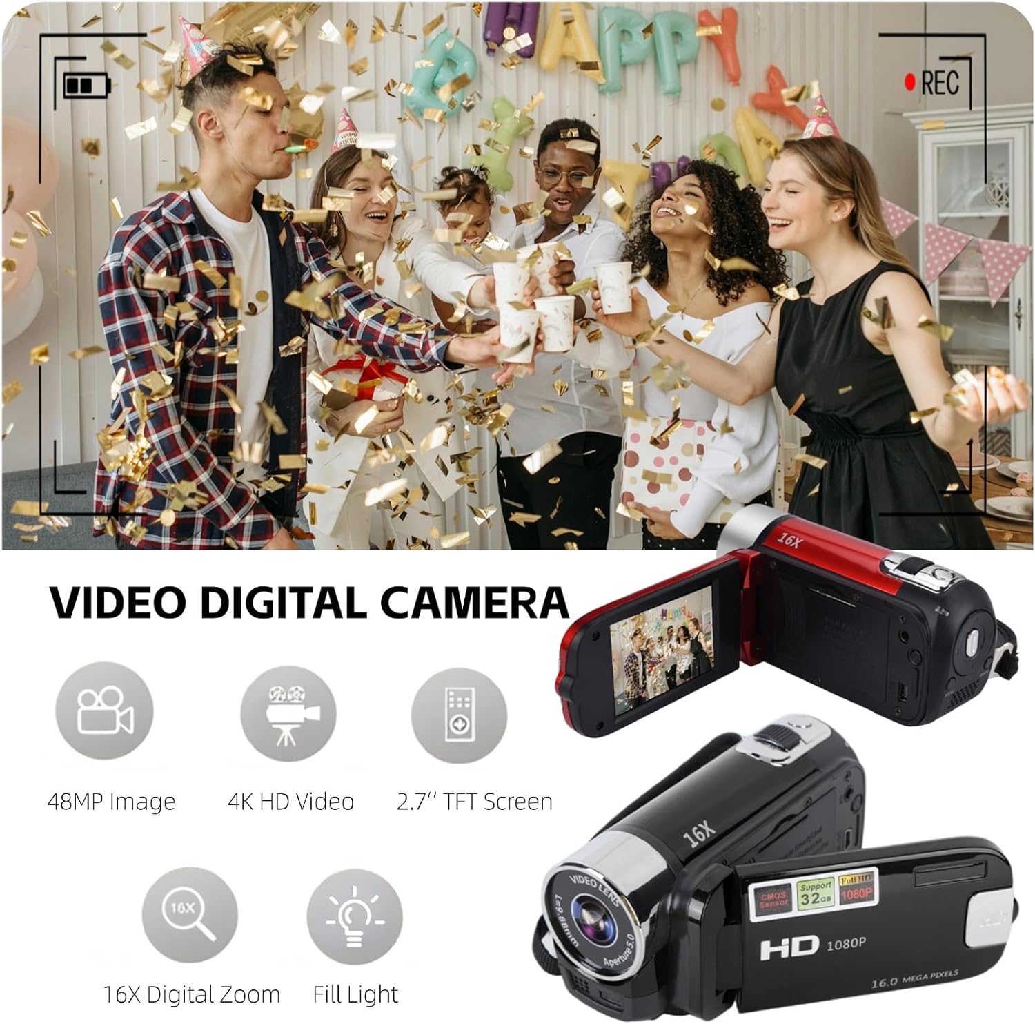 Red 1080P 16MP Vlogging Camera - 2.7in TFT 270 Rotatable 16X Zoom Digital YouTube Camera for Teens & Students (Gift) - Image 2