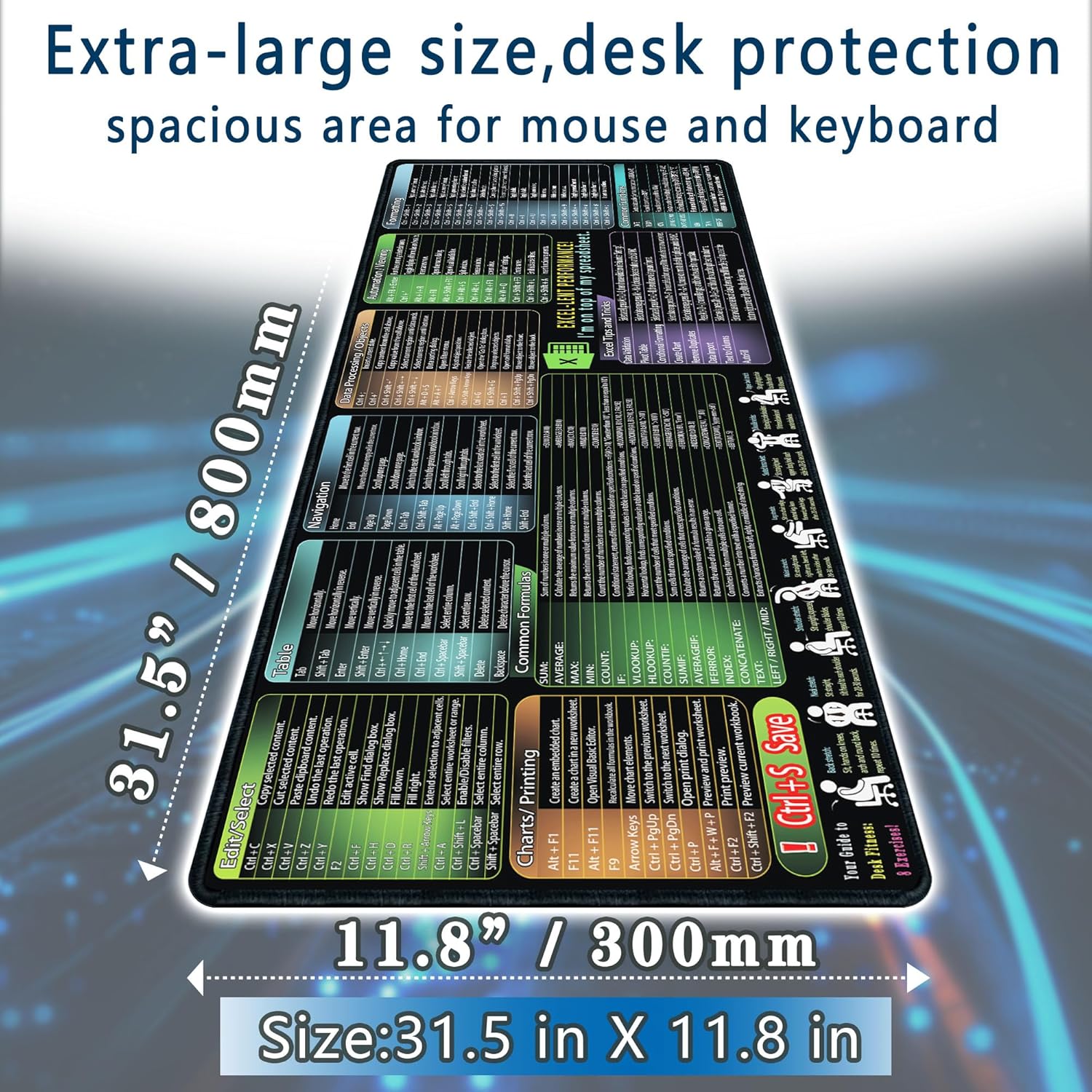 secret corner excel Cheat Sheet Mouse pad,Extra Large Office Keyboard Shortcuts Mousepad,Office Accessories Desk pad Computer,PC Gaming Non-Slip XL Desk mat(31.5x11.8 in) - Image 3