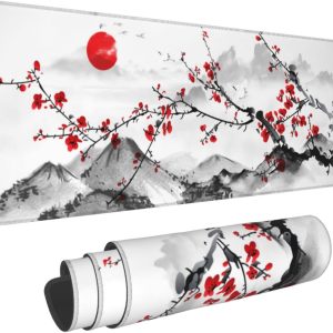 Watercolor Cherry Blossom Mouse Pad 31.5x11.8 Inch Pink Full Desk Japanese Sakura Mousepad Extended Large Non-Slip Rubber Base Waterproof Big Keyboard Mat with Stitched Edges for Gaming and Office