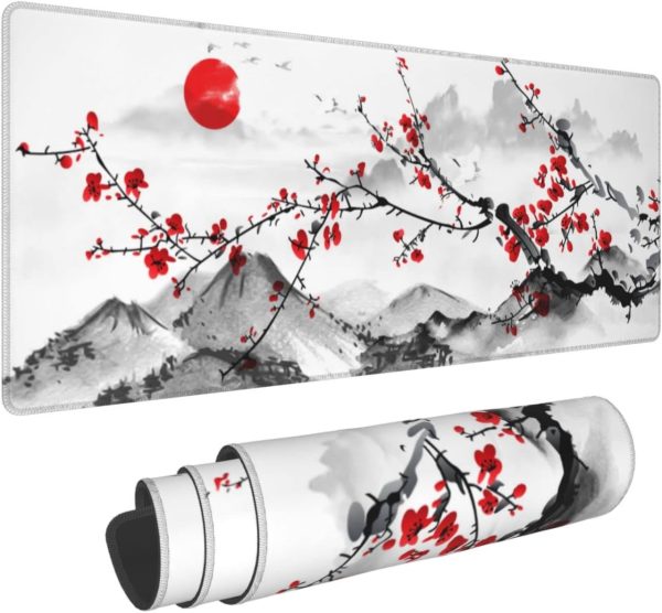 Watercolor Cherry Blossom Mouse Pad 31.5x11.8 Inch Pink Full Desk Japanese Sakura Mousepad Extended Large Non-Slip Rubber Base Waterproof Big Keyboard Mat with Stitched Edges for Gaming and Office