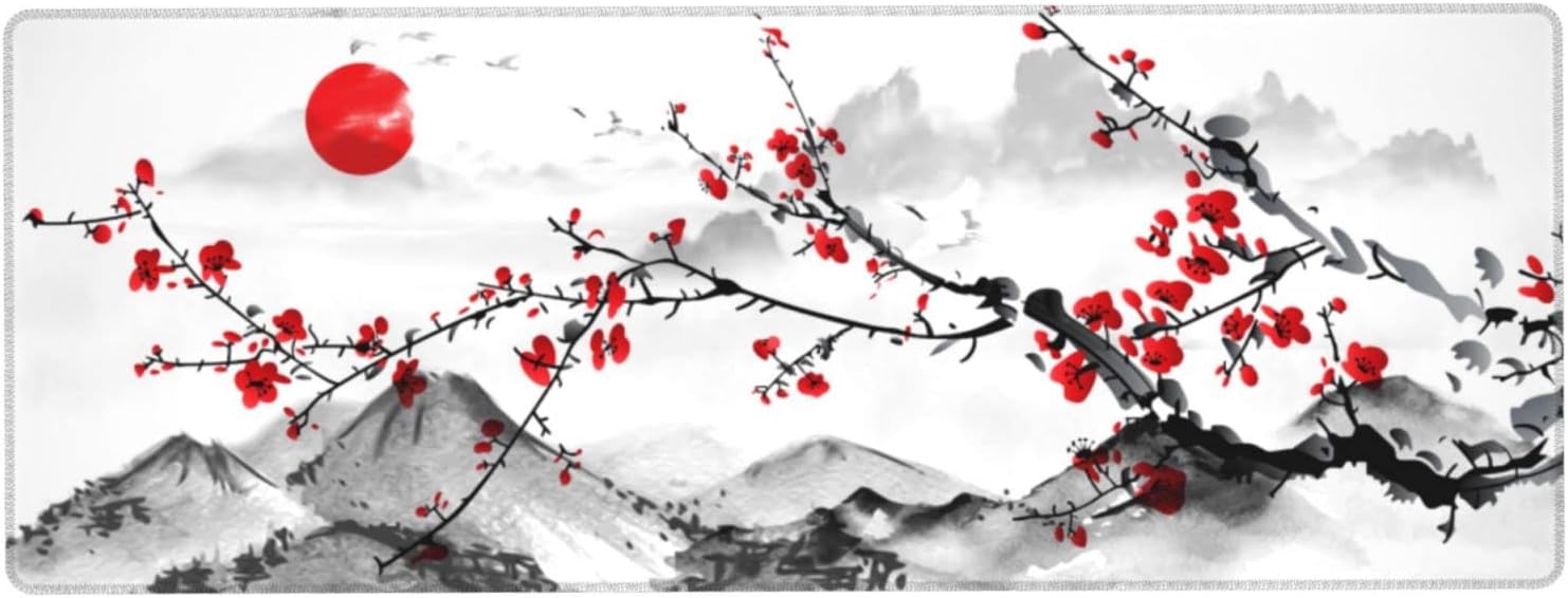 Watercolor Cherry Blossom Mouse Pad 31.5x11.8 Inch Pink Full Desk Japanese Sakura Mousepad Extended Large Non-Slip Rubber Base Waterproof Big Keyboard Mat with Stitched Edges for Gaming and Office - Image 2