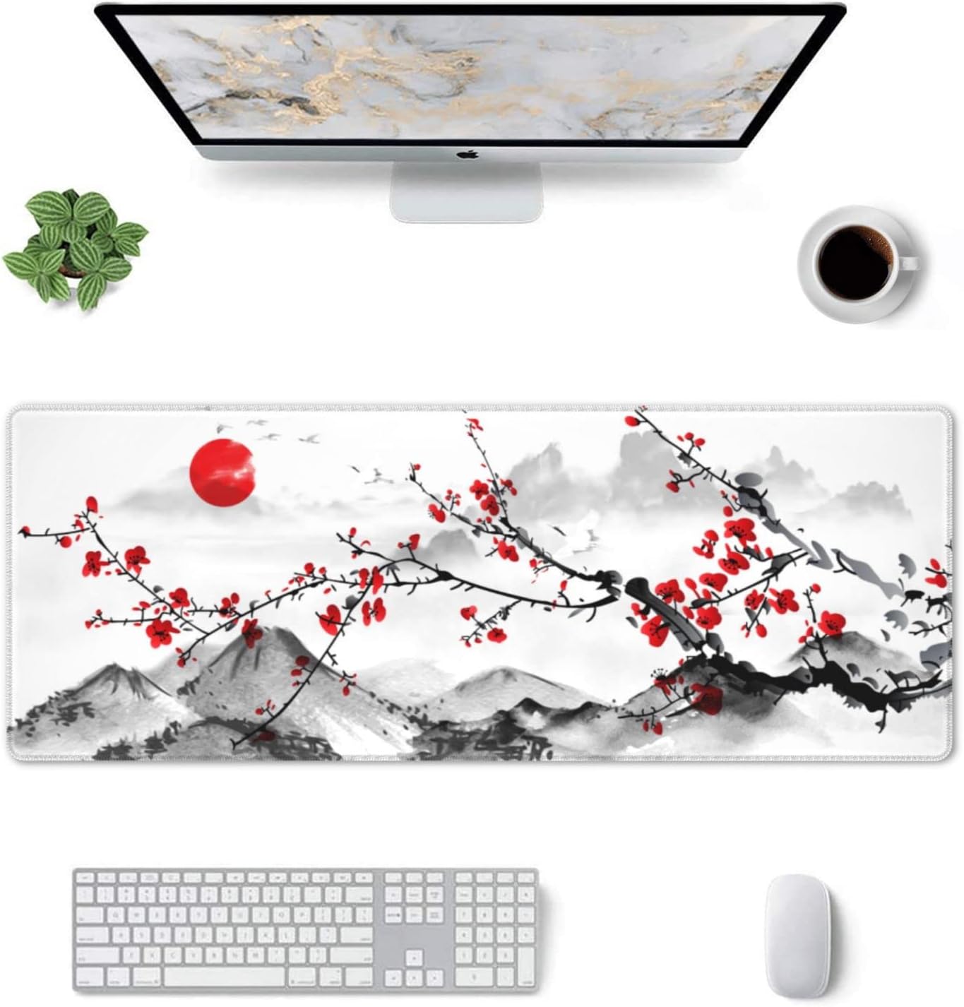 Watercolor Cherry Blossom Mouse Pad 31.5x11.8 Inch Pink Full Desk Japanese Sakura Mousepad Extended Large Non-Slip Rubber Base Waterproof Big Keyboard Mat with Stitched Edges for Gaming and Office - Image 3